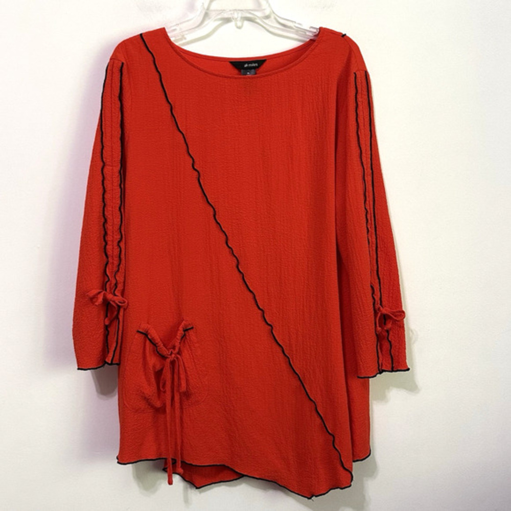 Ali Miles Bright Orange Tunic Top XL Pocket Crinkle Popover Textured Party Shirt